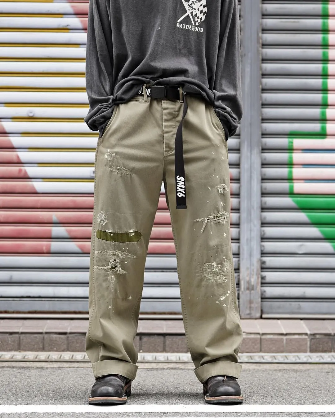 SAINT Mxxxxxx × NEIGHBORHOOD STHD . LS TEE SPEED KILLS/BLK Skull Helmet Long Sleeves Washed Black S-XL Cylindrical Cloth Ready-Made Assute Dyeing Heavy Washing Water Fading Handmade Splashed Ink Holes Simulate Natural Fading and Old Effects Correct Version Customized NBHD Co-branded Accessories Top Purchasing Level